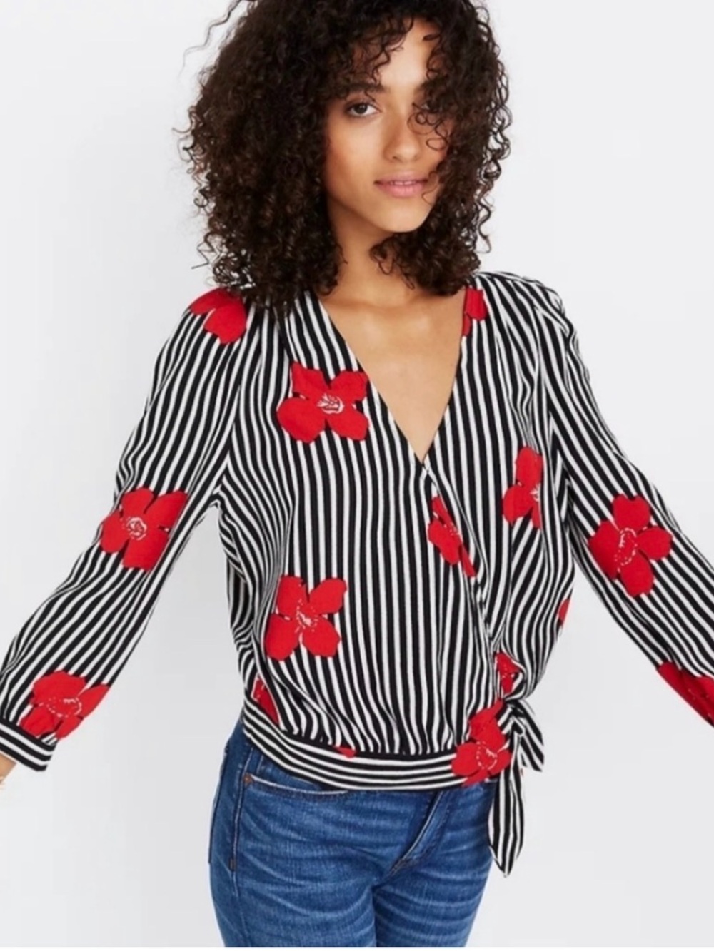 Madewell Striped Black & White Wrap Blouse with Red Floral Print